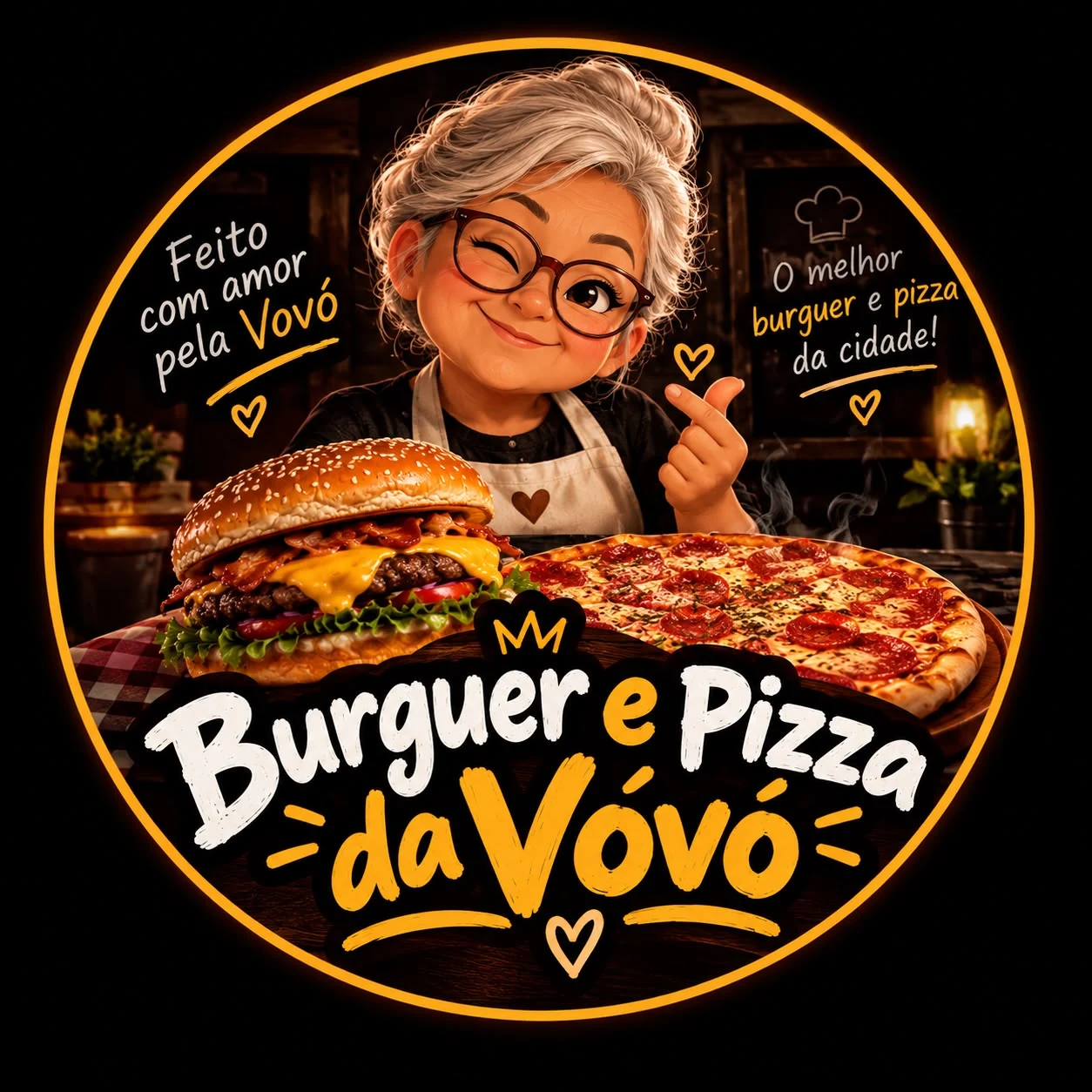 A Vovó com um burger e uma pizza, identidade da casa